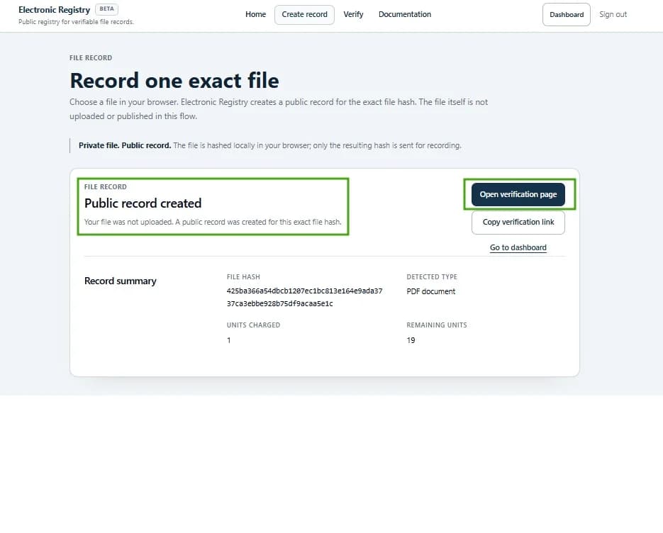 Successful File Record result page showing public record created and a button to open the verification page.